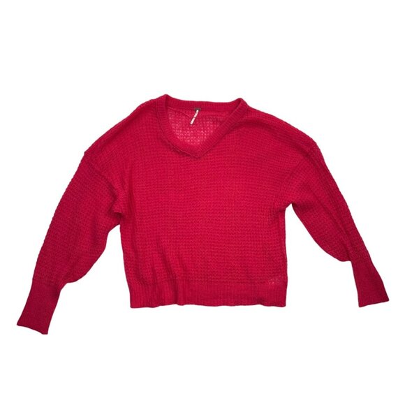 Free People‎ Sweater Womens Medium Pink Alpaca Blend Loose Knit V-neck - Picture 1 of 7